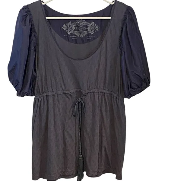 Anthropologie Deletta Elegant Blue puff sleeve belted tassle Top silk cotton - Image 2