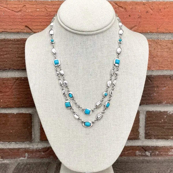 Layered Turquoise and Silver Geometric Necklace Blue - Image 2