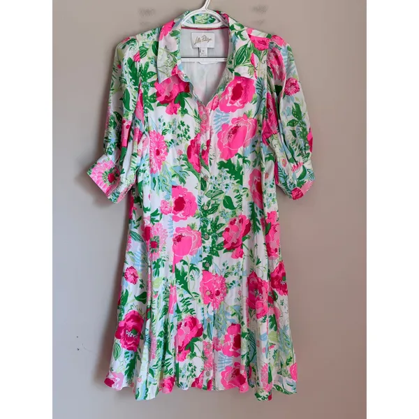 Lilly Pulitzer Shirt Dress Womens 10 Pink Green Floral Puff Sleeve Button Front - Image 2