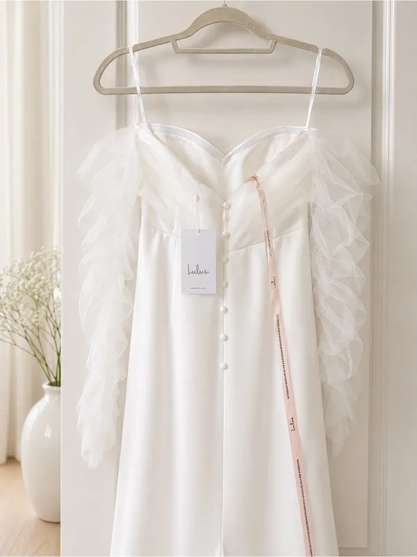 Lulu's Ivory Satin Wedding Dress with Ruffled Tulle Sleeves - Image 7