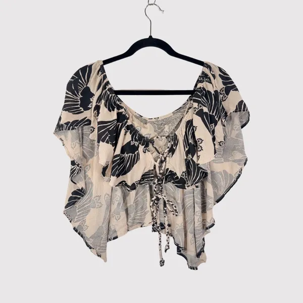 Free People Womens Top Beige Merpati Print Off The Shoulder Drapey Blouse Small - Image 3