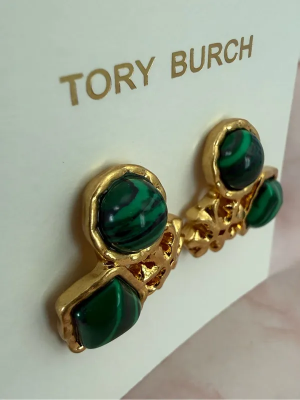 Tory Burch | Gold Plated Earrings with Green Malachite-Style Stones | Small/Med - Image 2