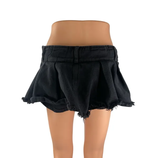 Edikted Black Denim Pleated Raw Frayed Hem Micro Mini Flare A-Line Skirt Size M - Image 2