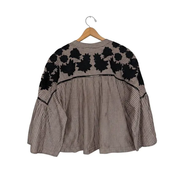 Free People Embroidered Striped Bell Sleeve Boho Blouse Beige Black Large - Image 3