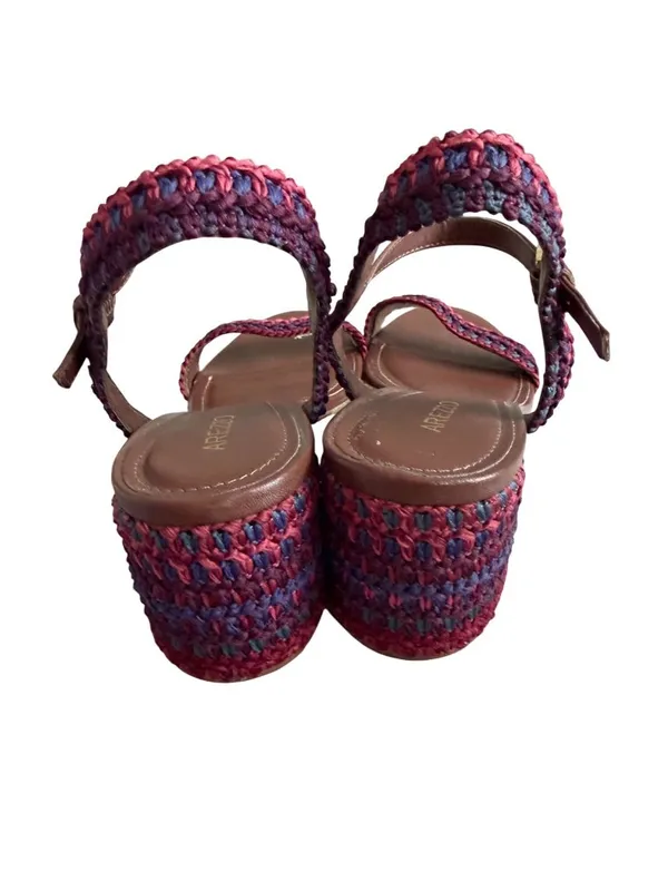 AREZZO Brown Leather Multicolor Woven Sandals Heels Size 8 - Image 7