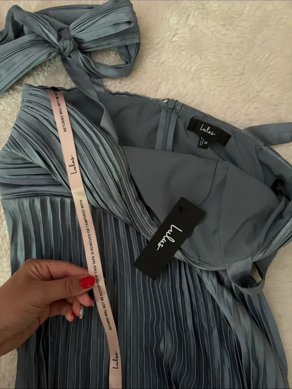 Lulus Gorgeous Purpose Slate Satin Pleated Sleeveless Bow Maxi Dress Size Medium - Image 6