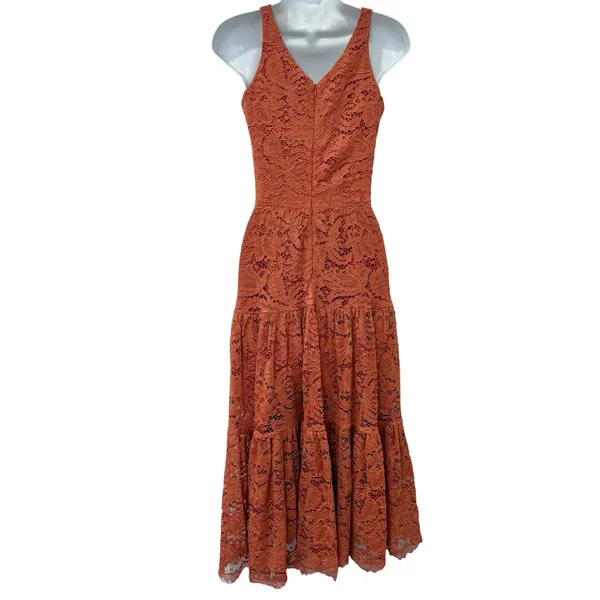 Dress the Population Burnt Orange Gold Lace Tiered V-Neck Midi Dress size S - Image 6