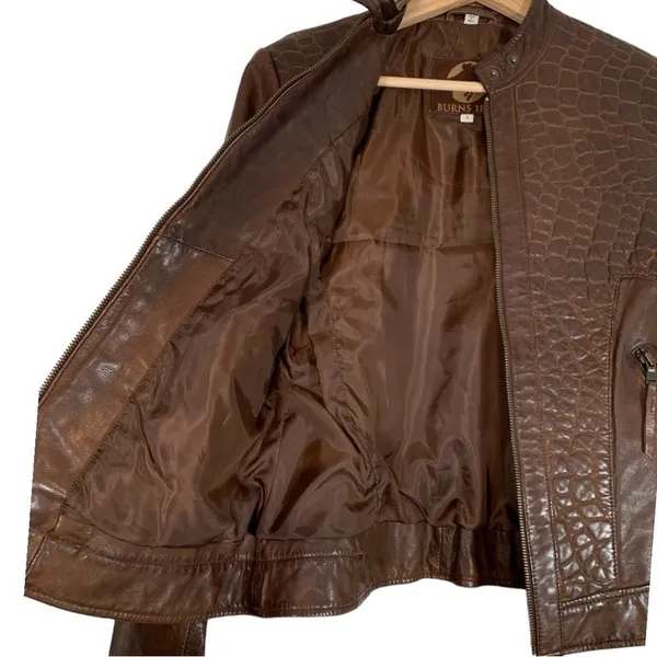 Burns 1876 Leather Embossed Zip Up Jacket Brown Size Small - Image 10