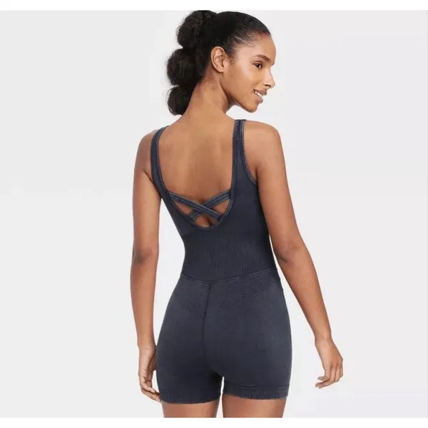 JoyLab Black Seamless Short Active Bodysuit V-Neck Ribbed Workout Romper L - Image 2