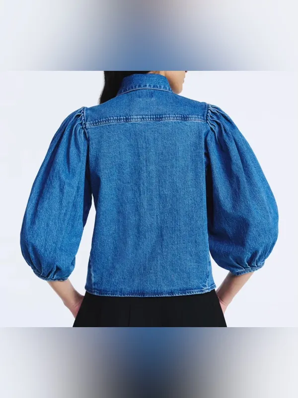 Scoop 3/4 Puff Sleeve Medium Wash Denim Shirt Small NWT - Image 2