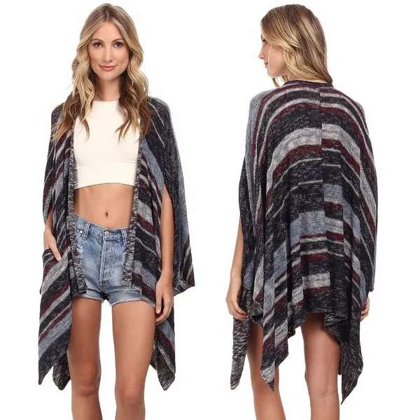 Free People Big‎ Trail Poncho Cardigan Sweater Blue Multi Large Festival Indie - Image 2