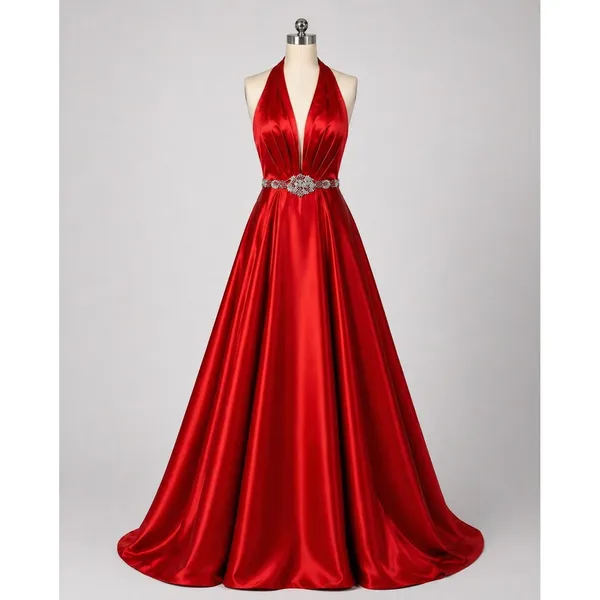 NWT Sherri Hill 51588 Red Halter Ball Gown Beaded Waist Satin Formal‎ Dress Sz 2 - Image 3