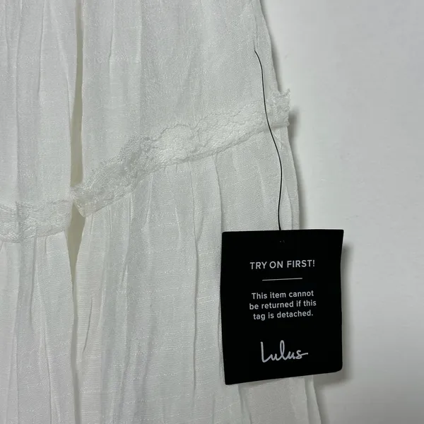Lulus White Smocked Tiered‎ Maxi Dress Tie Back Lace Trim Small - Image 9