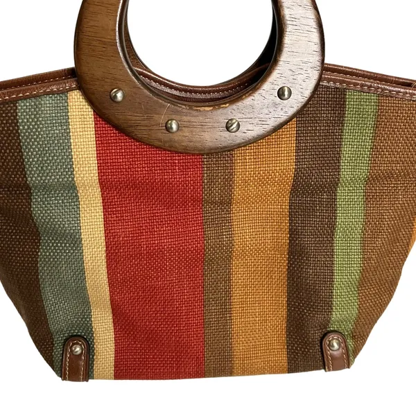 Fossil Multi Colored Striped Leather Trim Wood Handle Satchel Purse - Image 2