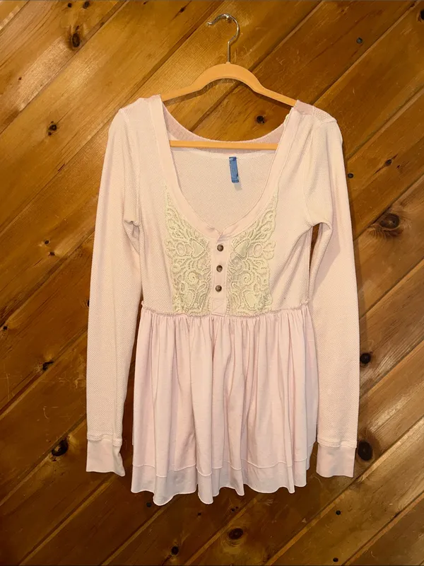 Vintage Free People long-sleeve waffle-knit babydoll lace accent top - Image 2