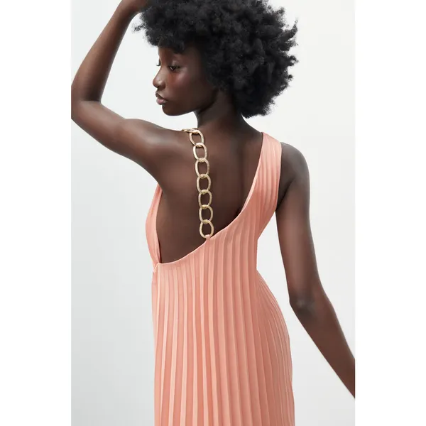 NEW ZARA Pleated Dress with Chain Strap Peach Midi Gold Faux Wrap Surplice XS - Image 3
