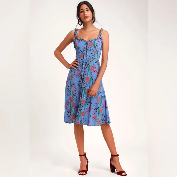 ASTR The Label Blended Blue Floral Print Button-Up Midi Dress S - Image 2