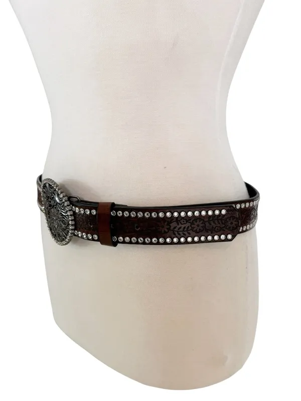 Western Tooled Large Buckle Belt with Rhinestones Brown - Image 9