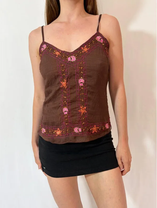 Brown Boho Floral Embroidered Rampage Cottagecore Cami - Image 7
