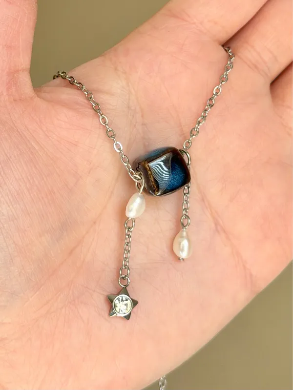 Handmade cube ceramic bead unique boho fairy necklace💙 - Image 2