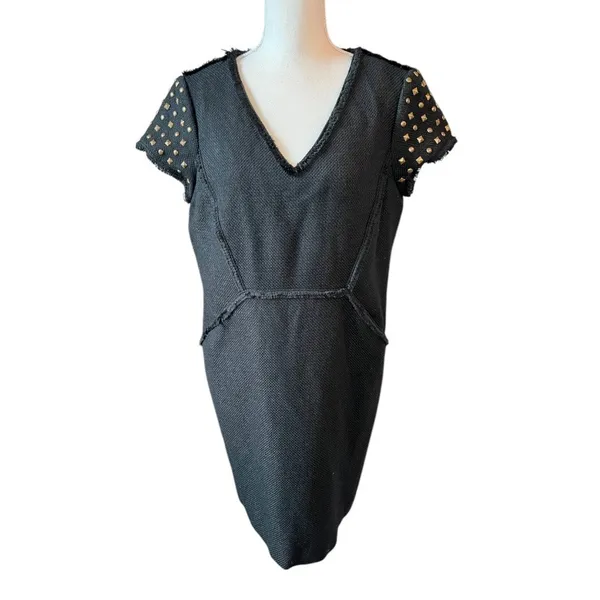 Adrianna Papell Black Sheath Dress Studded Gold Cap Sleeve Woven Work Casual - Image 2