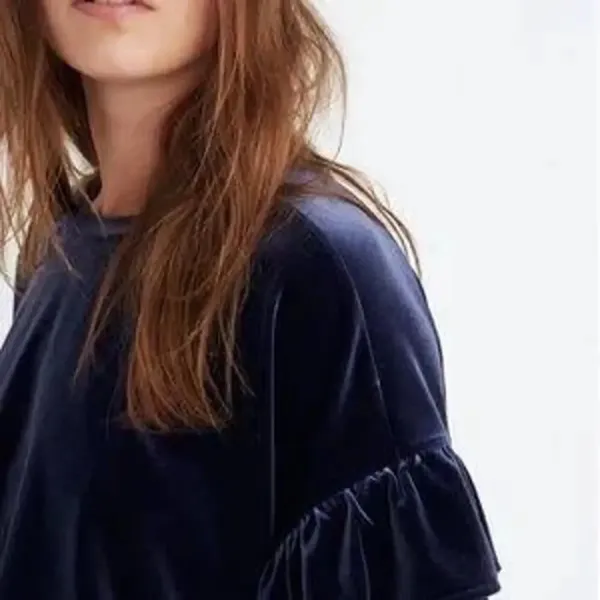 Madewell Women's XS Blue Velvet Ruffle‎ Sleeve Tee Casual Fall Top - Image 3
