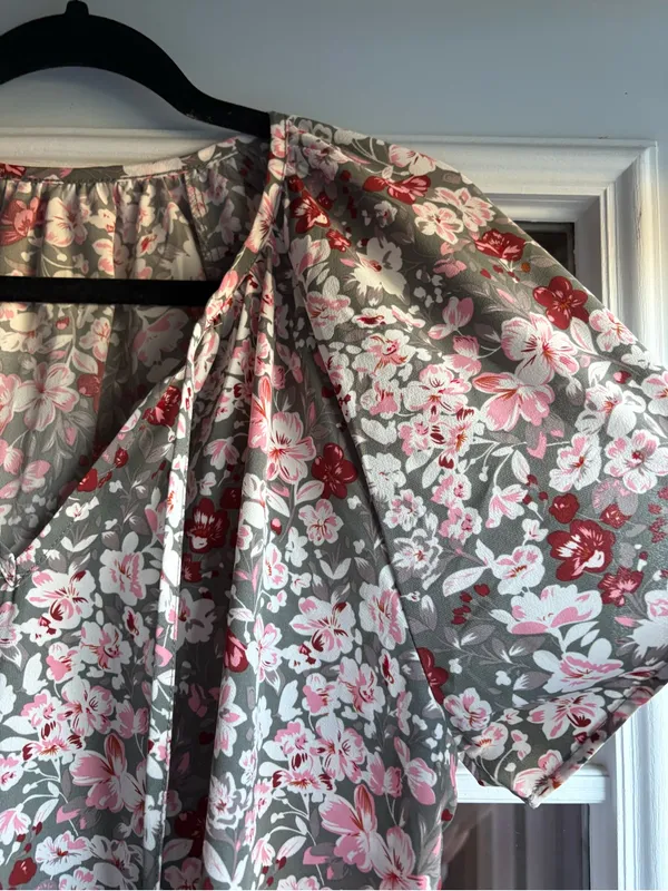 Floral V-Neck Women's blouse in Pink & Red - Image 2