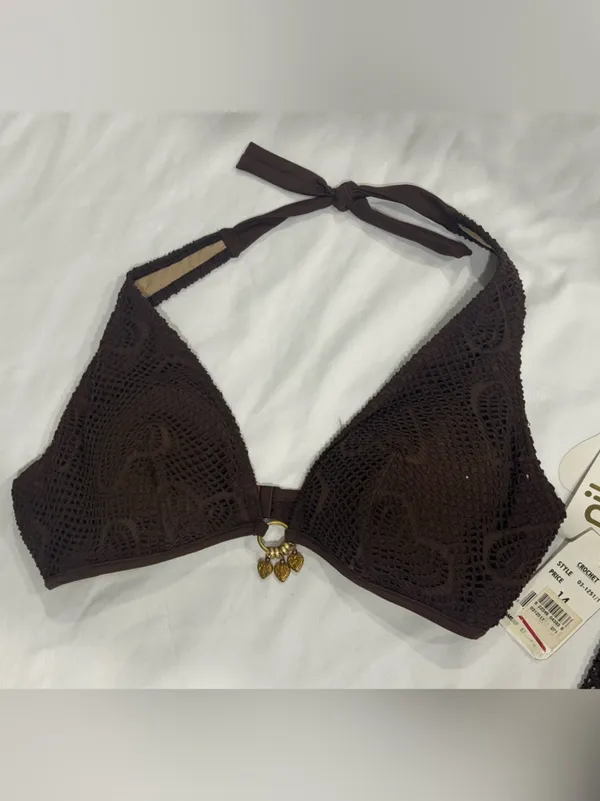 Boho Crochet 3pc Bikini Set Sarong Cover Up Brown NWT Size 14 Pilpel - Image 2