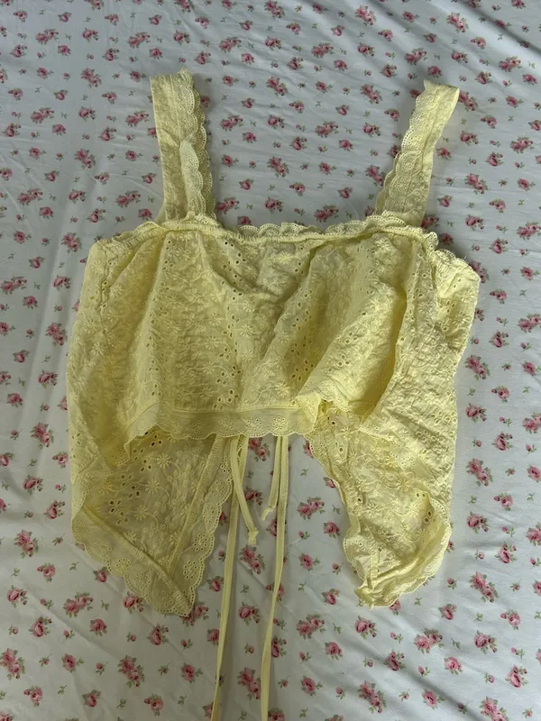 Aeropostale Pale Yellow Eyelet Lace Tie-Front Top - Image 3