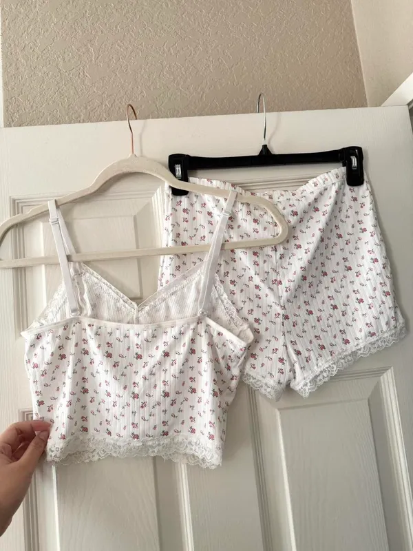 Pink Floral Lace Trim Rosette Tank & Short Set - Image 7