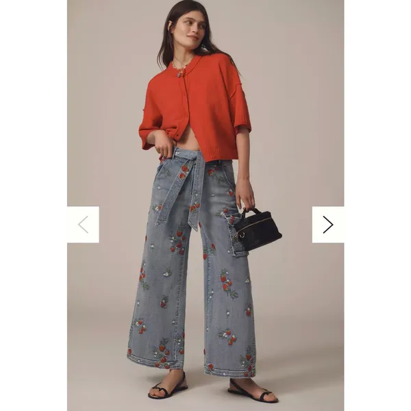 Anthropologie Driftwood Olivia High Rise Cargo Jeans Sz 33 Strawberries Wide Leg - Image 4