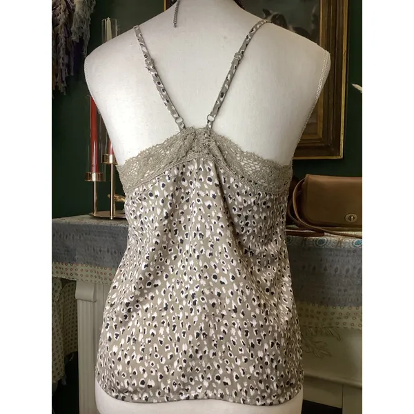 Aerie Womens XS Leopard Print Lace Trim Camisole Top Tan Black Adjustable Straps - Image 3