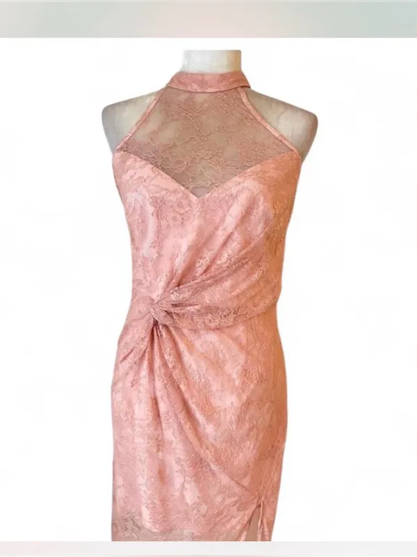 NBD Revolve Dusty Pink Lace Halter Gown Cottagecore Barbie Formal Dress M Prom - Image 5