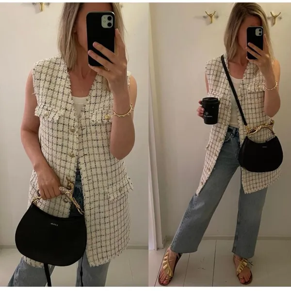 ANINE BING Janet Tweed Dress in White Plaid Size Medium NWT - Image 12