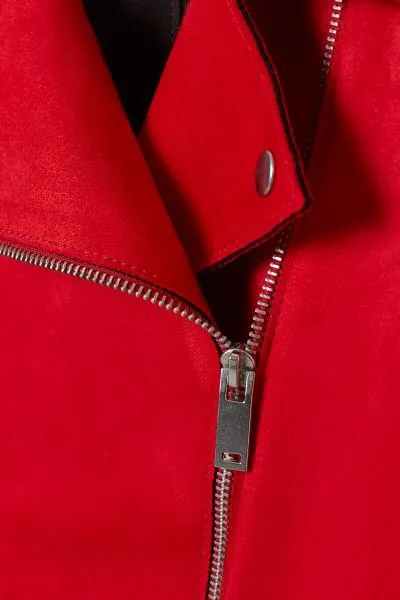 Red Suede Leather Biker Jacket - Image 5