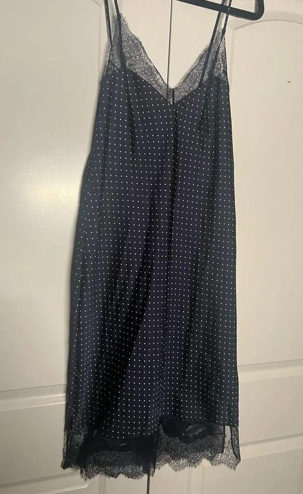 Victoria’s Secret Navy Polka Dot Satin Nightgown Slip With Lace Sz L - Image 2