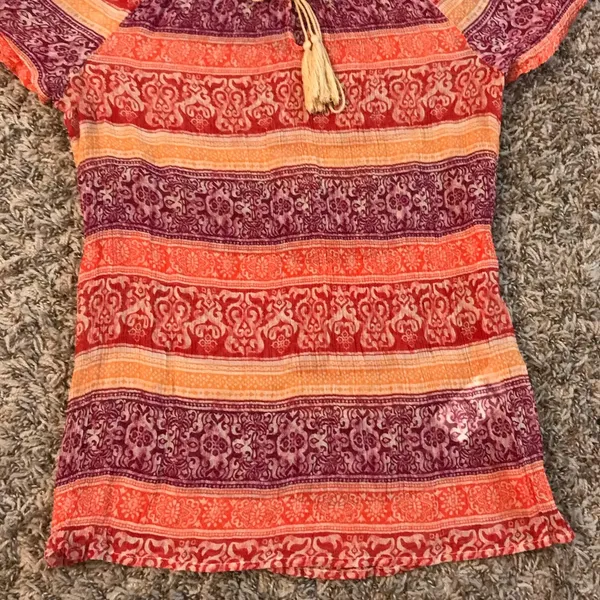 Lucky Brand semi-sheer cinched neckline tie neck blouse - Image 3