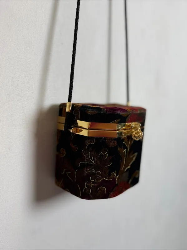 Floral Velvet Hard Case Box Purse Crossbody Evening Bag Gold Frame Mirror - Image 5