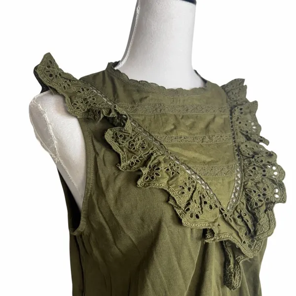 J.Crew Eyelet Lace Ruffle Blouse Tank Small Olive Green Cottage Peasant Boho - Image 2