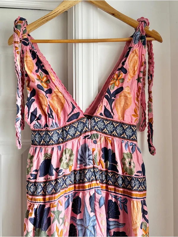 Farm Rio Seashell Tapestry Sleeveless Pink Floral Tie-Shoulder Maxi Dress - Image 10