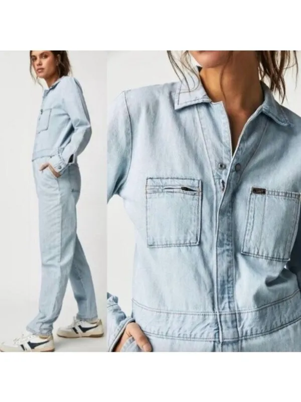 NWT Free People x Lee Union-Alls Coverall Denim Jumpsuit S Sky Blues Stripe - Image 3