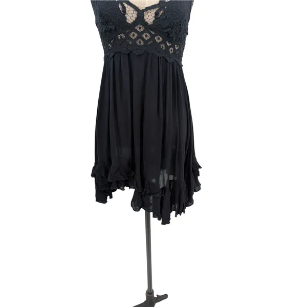 Free People FP One Adella Slip Dress Black Crochet Lace Boho Mini Dress Size S - Image 6