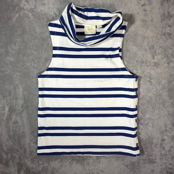 Maeve Anthropologie Blue White Sailor Striped Sleeveless Cowl Neck Button Top M - Image 2