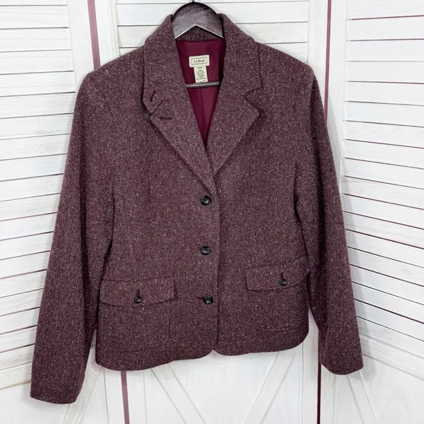 Vintage L.L. Bean Tweed‎ Blazer Large Burgundy Herringbone Wool Silk Blend Maroo - Image 8