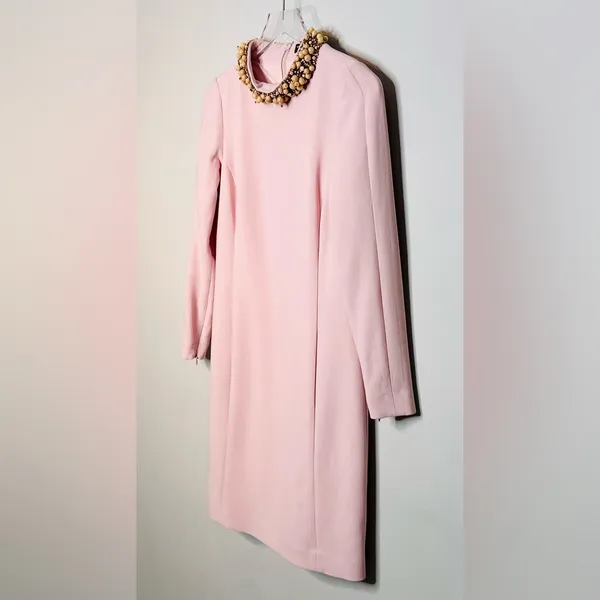 Worth Blush Pastel Pink Beaded Collar Wool Blend Shift Long Sleeve Dress - Image 4