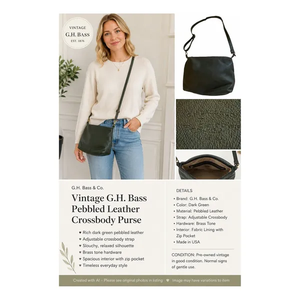 GH Bass Pebbled Leather Purse Dark Green Slouchy Crossbody Adjustable Strap - Image 3
