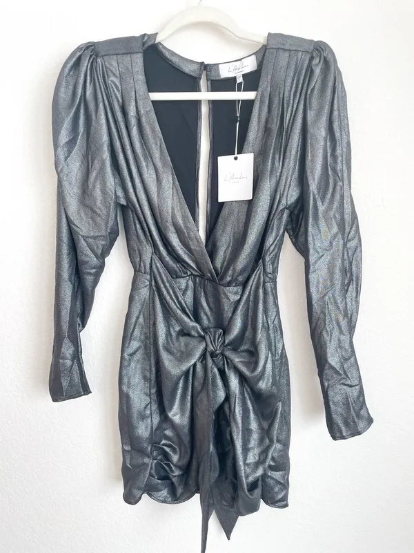 L'Academie The Dore Silver Front Tie Long Sleeve Mini Dress - Image 7