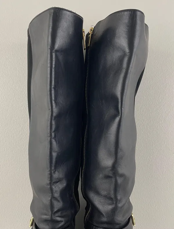 Michael Kors Black Leather Gold Hardware Buckle Arley Knee High Riding Boots - Image 12
