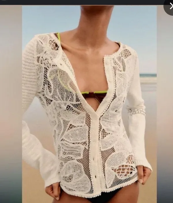 Nwt crochet floral cream cardigan Zara boho classic summer coastal casual s $98 - Image 3