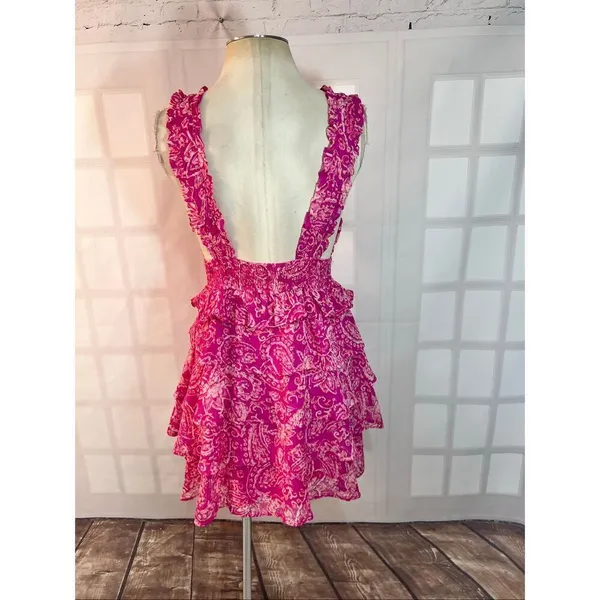 Fate Pink White Paisley V-Neck Chic Ruffle Tiered Sleeveless Mini Dress Small - Image 5